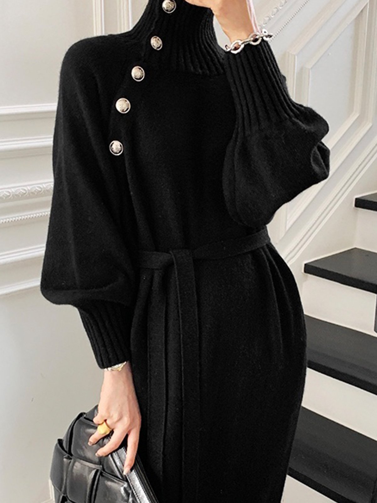 Robes Plain Hiver Élégant Naturel Poids lourd Micro-Élasticité Quotidien Ample Col Roulé pour Femmes