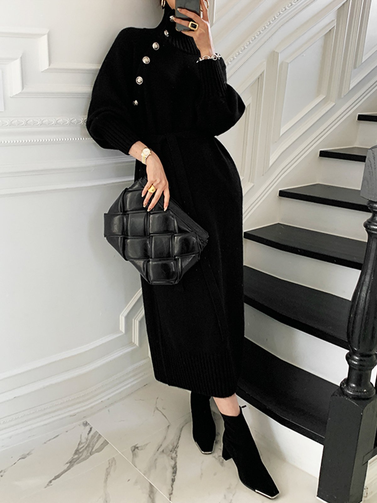 Robes Plain Hiver Élégant Naturel Poids lourd Micro-Élasticité Quotidien Ample Col Roulé pour Femmes