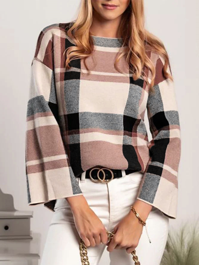 Pull Hiver Simple Plaid Coupe Régulière Faire la navette Manches Longues Col Roulé Laine/Tricot Régulier pour Femmes