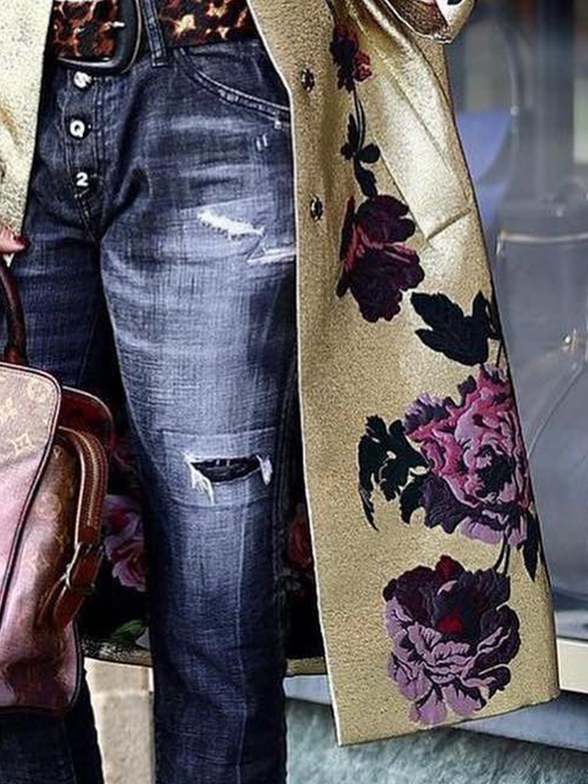 Manteaux de Tranchée Floral Printemps / Automne Élégant Polyester Naturel Quotidien Manches Longues Mi-long Droit pour Femmes