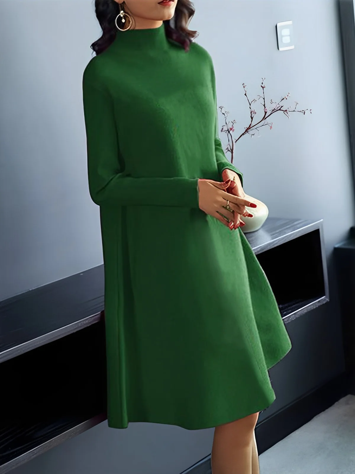 Robes Pulls Femmes Plain Automne Élégant Tricoté Naturel Trapèze Régulier Demi col roulé Non