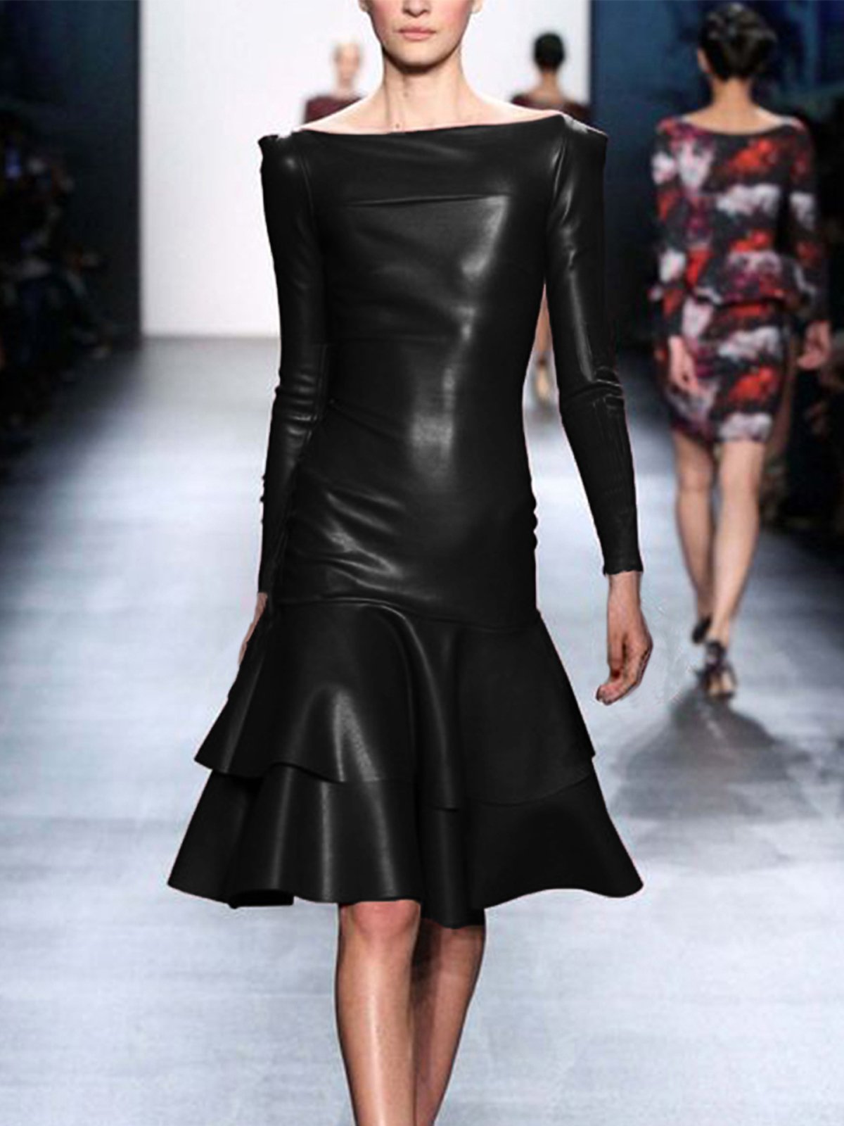 Cuir Robes Femmes Plain Printemps / Automne Élégant Taille Basse Coupe Régulière Court Manches Longues l'Encolure Bateau Régulier