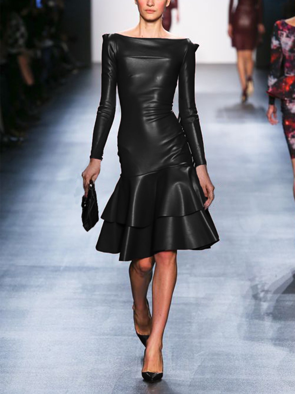 Cuir Robes Femmes Plain Printemps / Automne Élégant Taille Basse Coupe Régulière Court Manches Longues l'Encolure Bateau Régulier