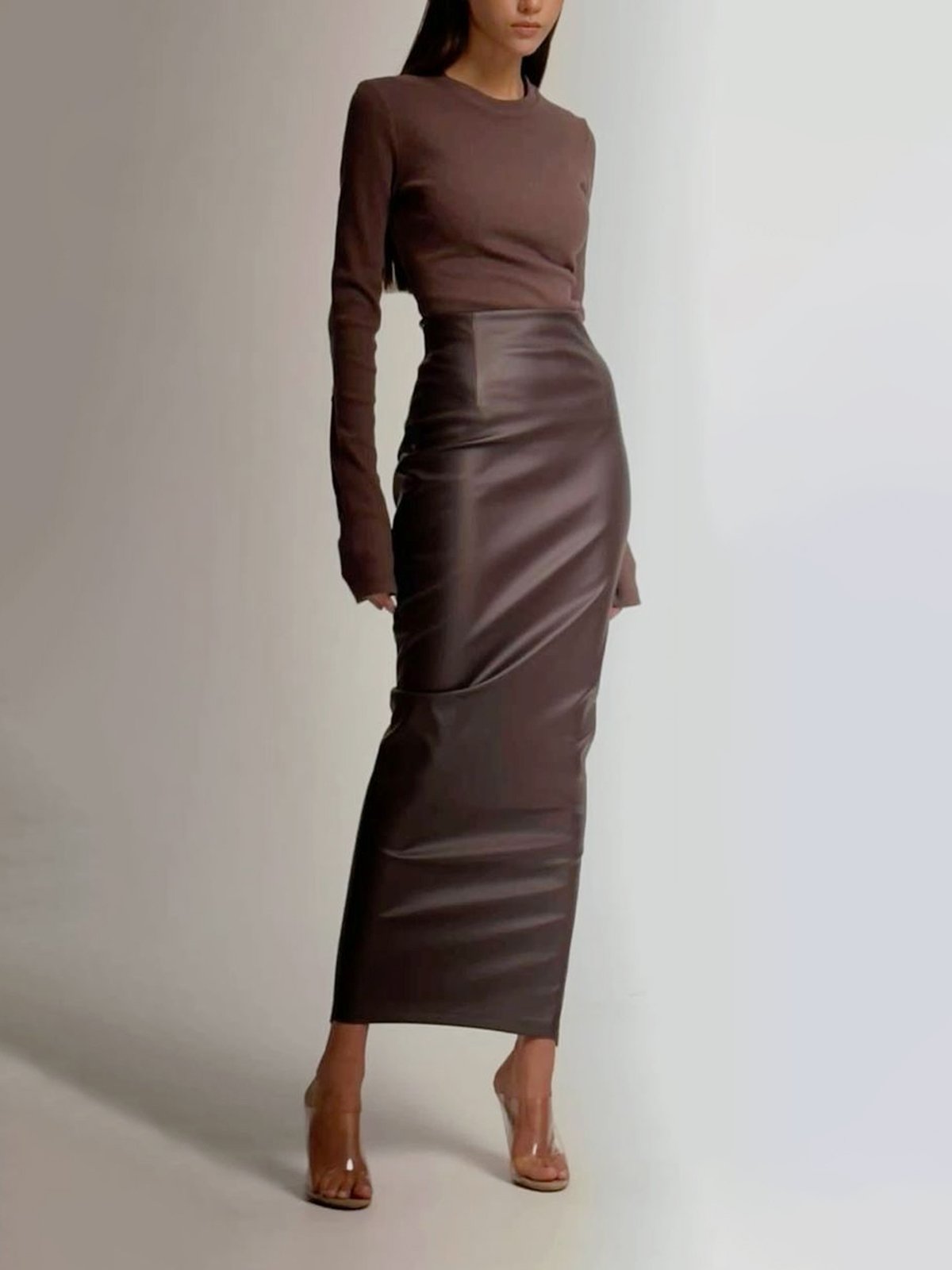 Cuir Jupes Femmes Plain Automne Urbain Naturel Micro-élasticité Coupe Régulière Maxi Droit Régulier