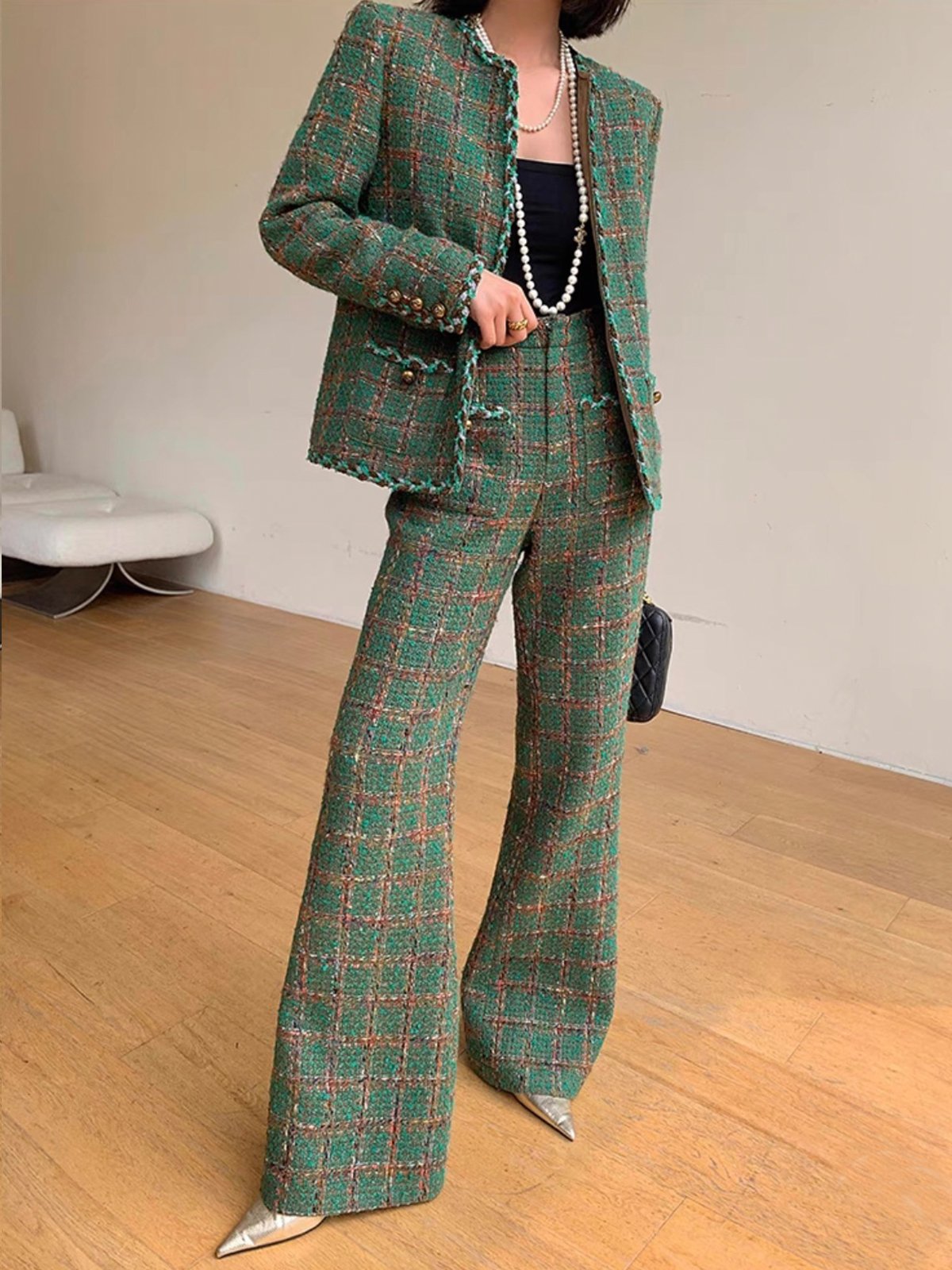 Pantalon à taille haute élégant en tweed à carreaux pour femmes
