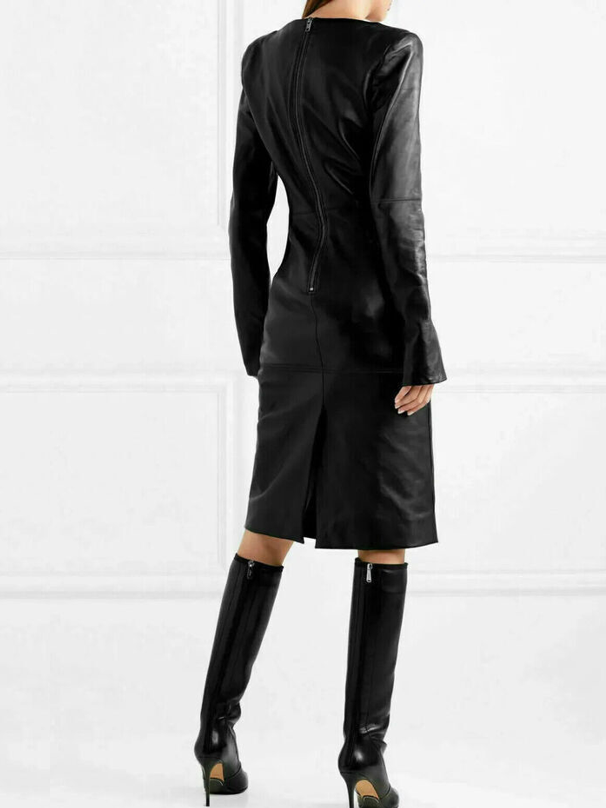 Cuir Robes Plain Automne Élégant PU Aucune élasticité Mi-longue Manches Longues Droit Régulier pour Femmes