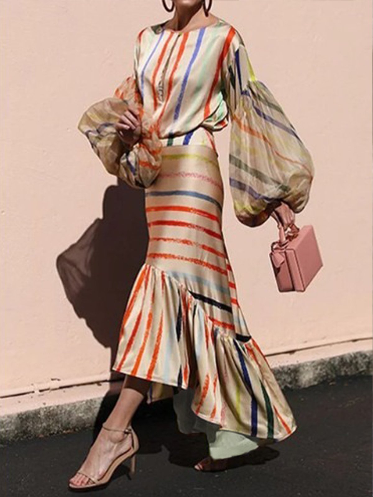 Robes Rayé Printemps / Automne Élégant Polyester Taille Haute Quotidien Maxi Manches Longues Régulier pour Femmes