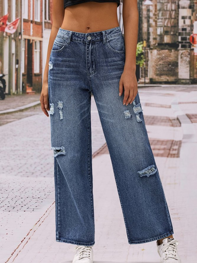 Jeans Décontracté Plain Toutes Les Saisons Naturel Ample Pantalon droit Toile de Jean Droit Régulier pour Femmes