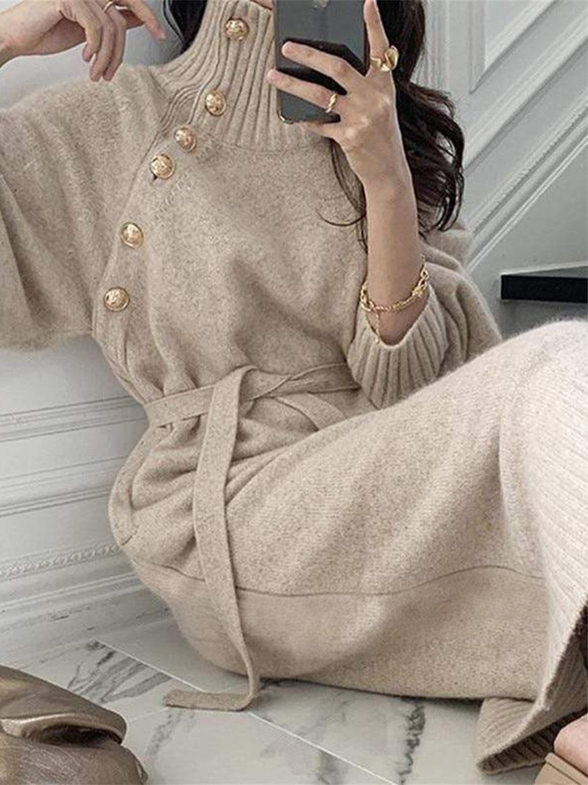 Robes Plain Hiver Élégant Naturel Poids lourd Micro-Élasticité Quotidien Ample Col Roulé pour Femmes