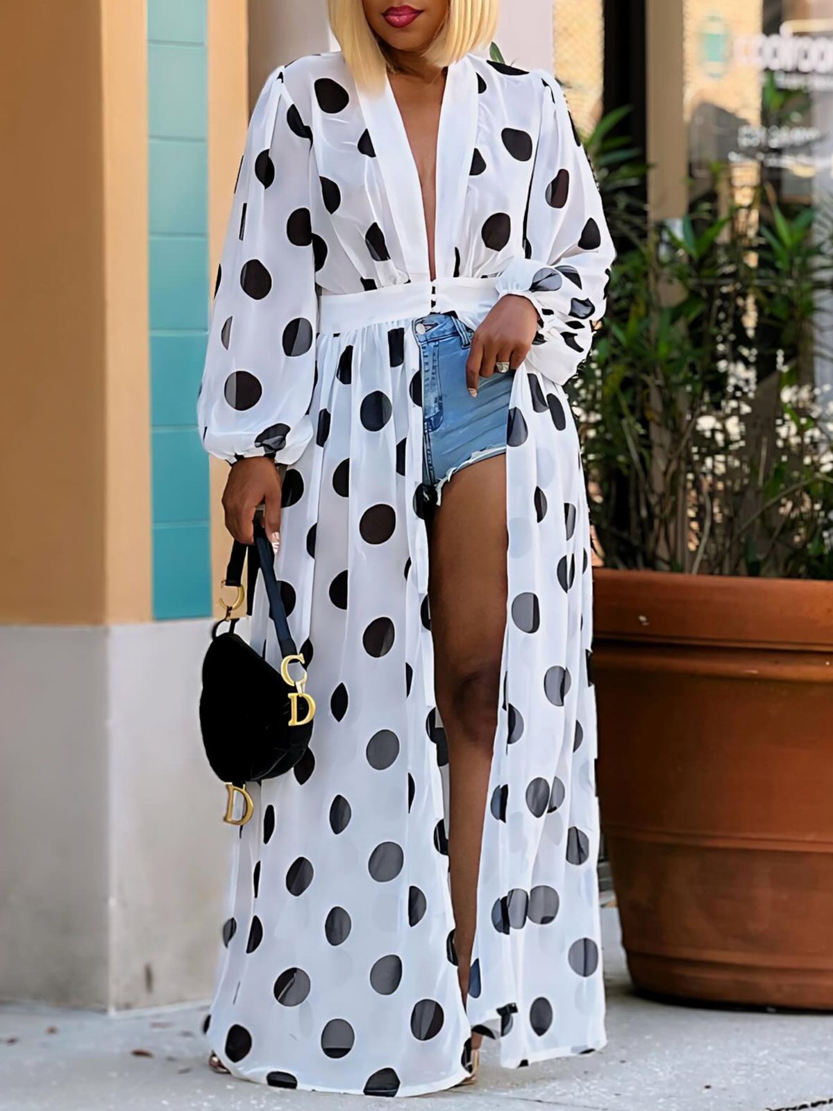 Kimono Pois Polka Été Vacances Polyester Taille Haute Léger Manches Longues Ligne X Vacances pour Femmes