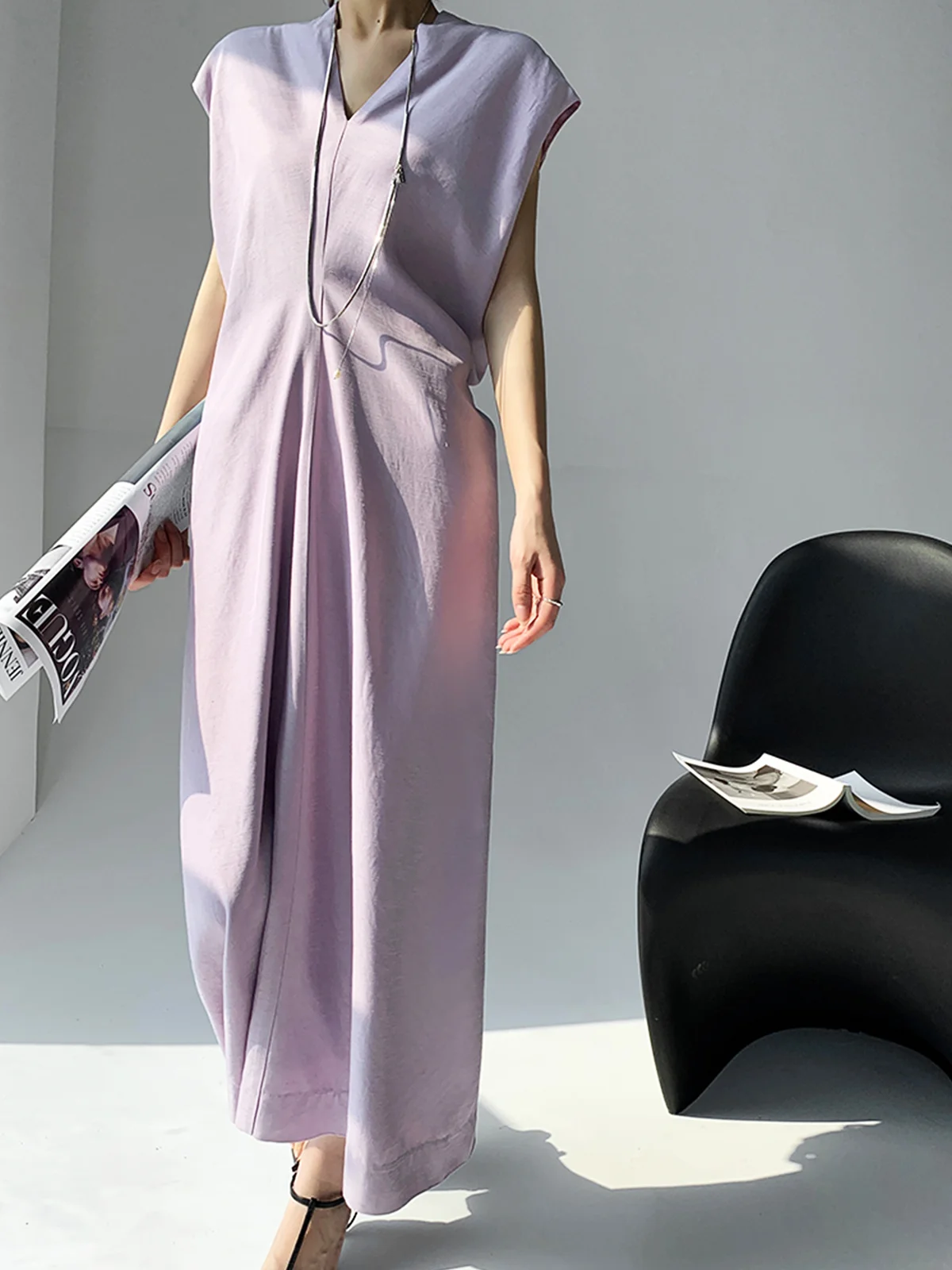 Robes Plain Été Élégant Polyester Col V Micro-élasticité Quotidien Maxi Ligne X pour Femmes