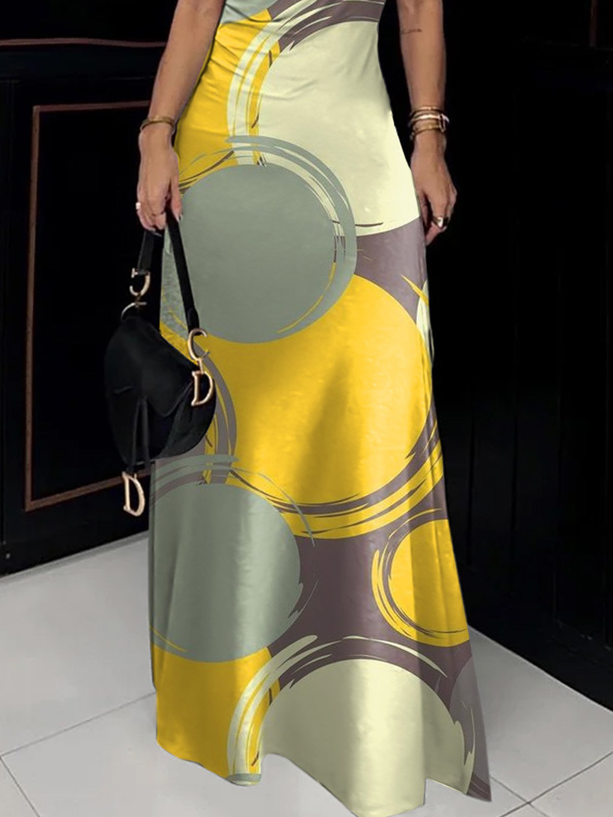 Robes Été Urbain Abstrait Pois Polka Imprimé à Haute Élasticité Maxi Sans Manches Col Roulé Régulier pour Femmes