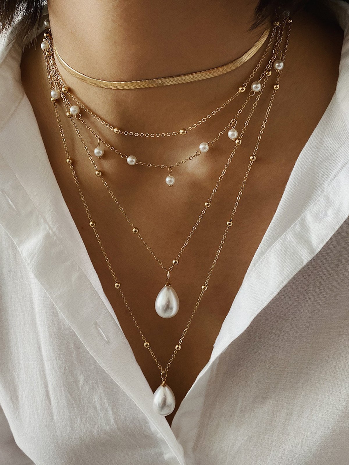 Collier Plain Toutes Les Saisons Élégant Quotidien Perle Métal Ensembles de couches pour Femmes