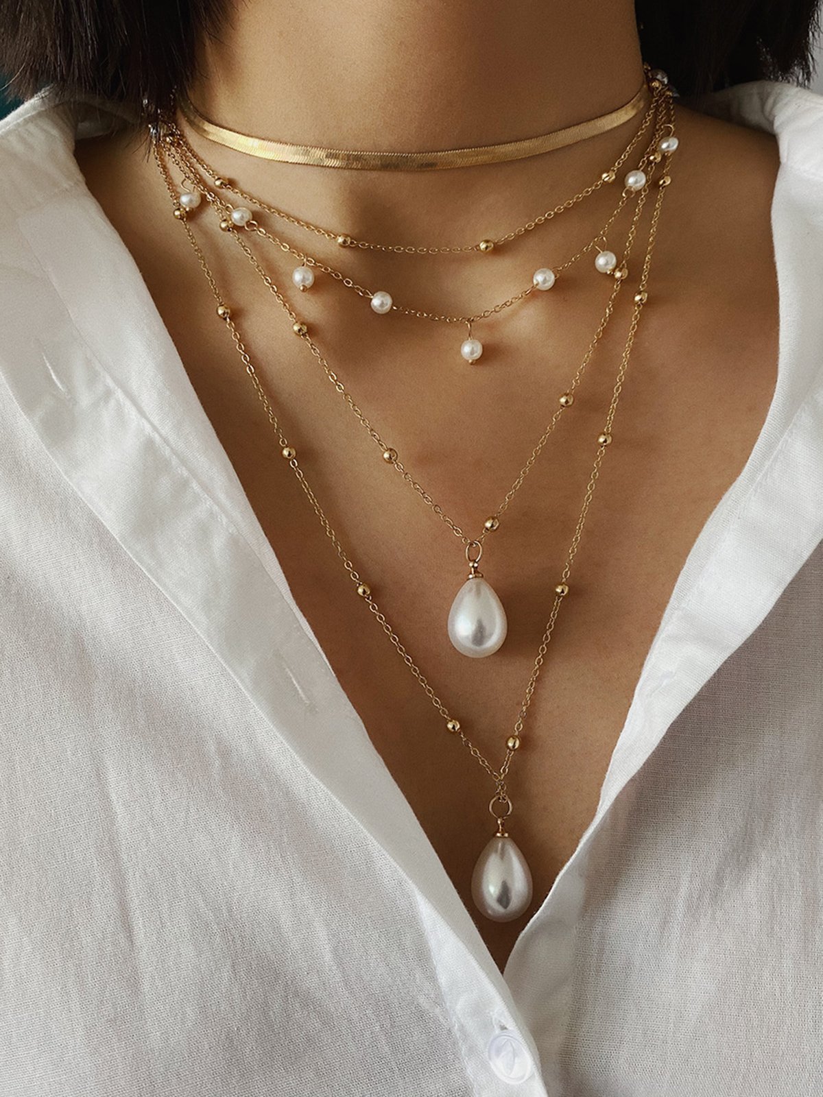 Collier Plain Toutes Les Saisons Élégant Quotidien Perle Métal Ensembles de couches pour Femmes