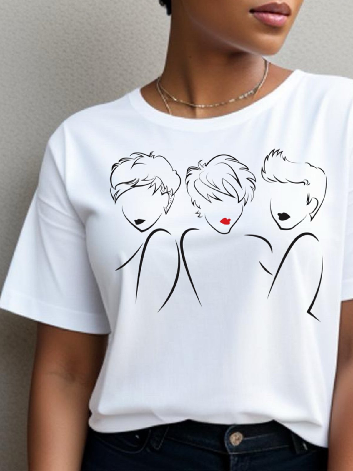 T-shirts Décontracté Visage Été Quotidien Ample Col Rond Régulier Ligne T Régulier pour Femmes