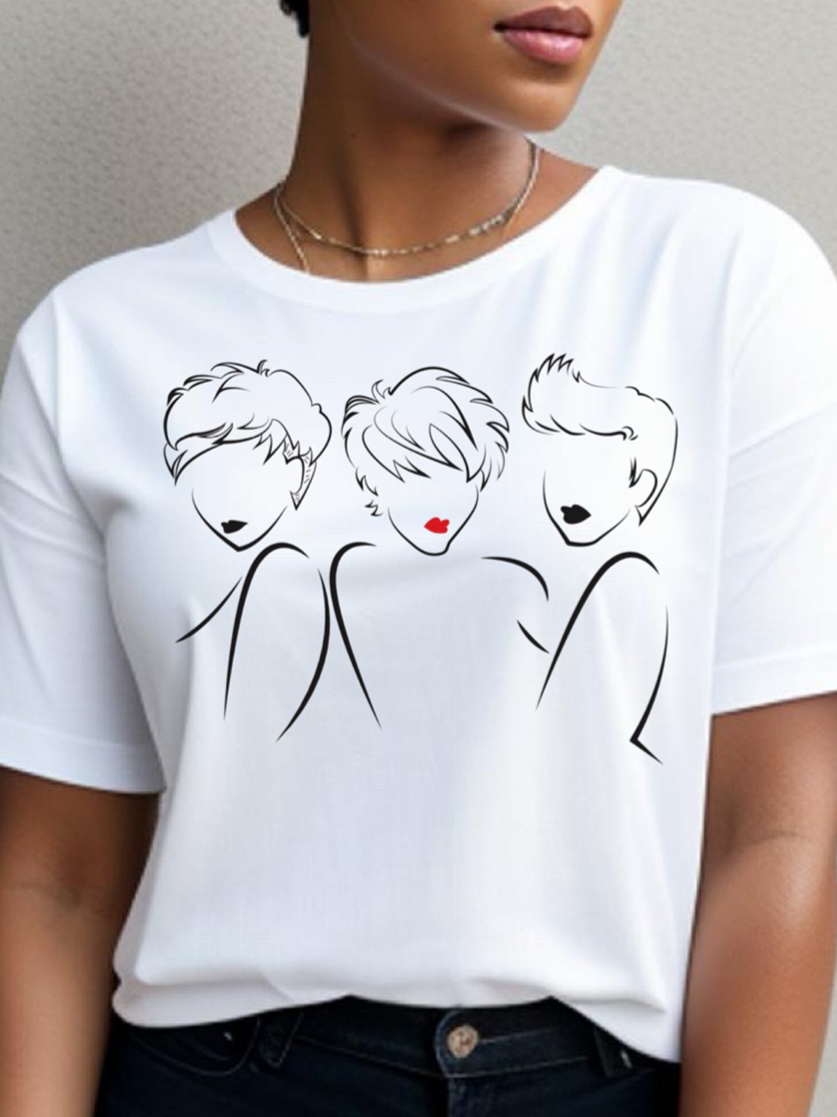 T-shirts Décontracté Visage Été Quotidien Ample Col Rond Régulier Ligne T Régulier pour Femmes