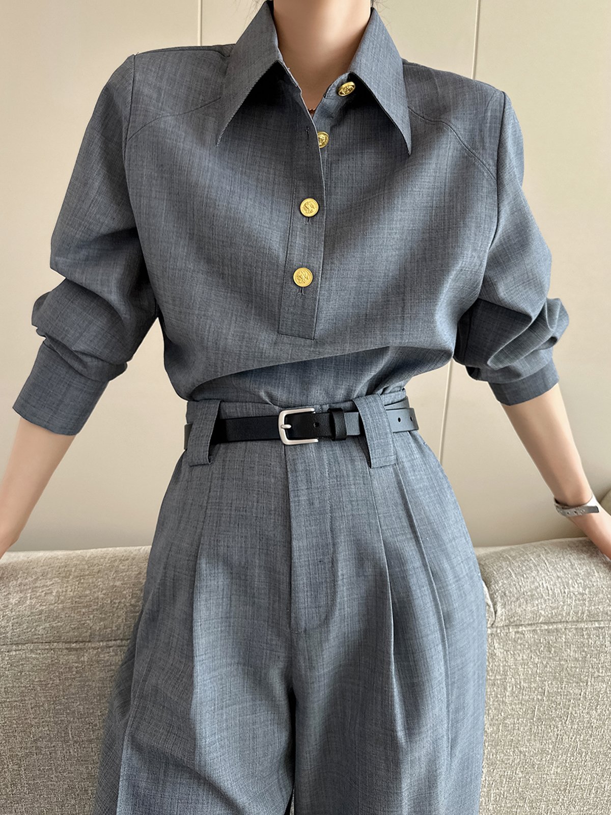 Chemises Plain Printemps / Automne Urbain Polyester Micro-élasticité Coupe Régulière Manches Longues Régulier Droit pour Femmes