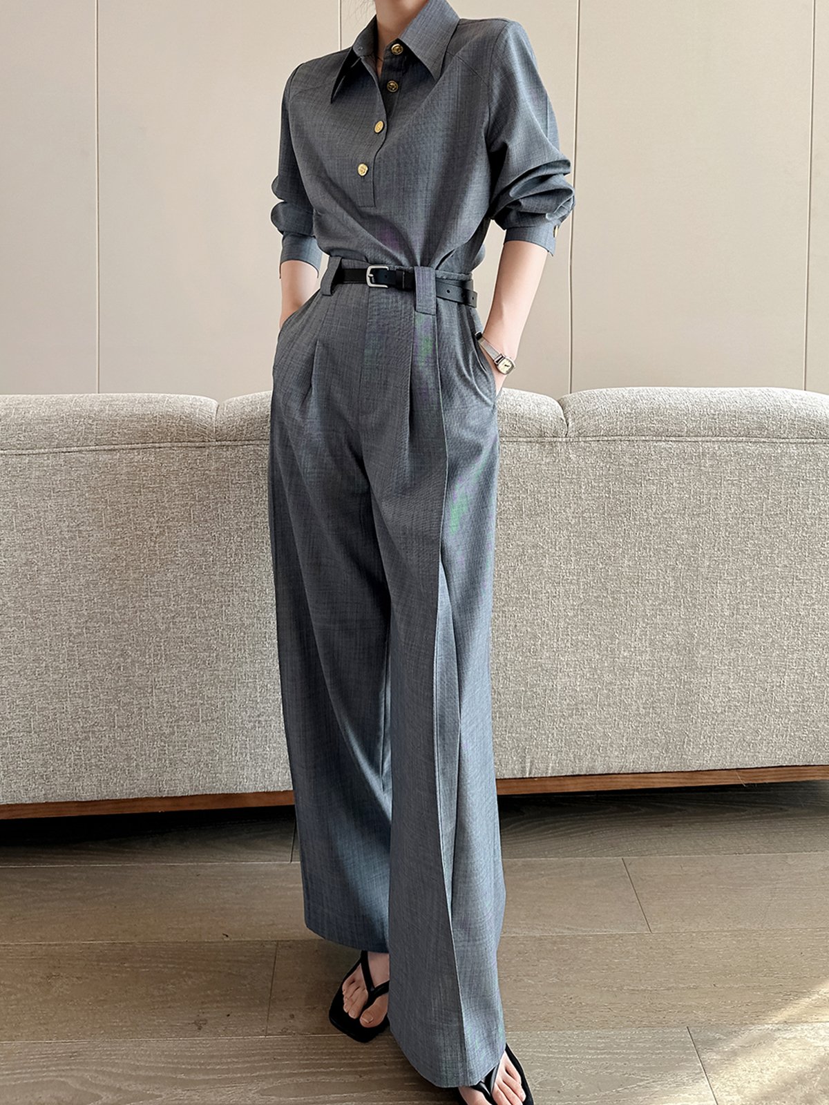 Chemises Plain Printemps / Automne Urbain Polyester Micro-élasticité Coupe Régulière Manches Longues Régulier Droit pour Femmes