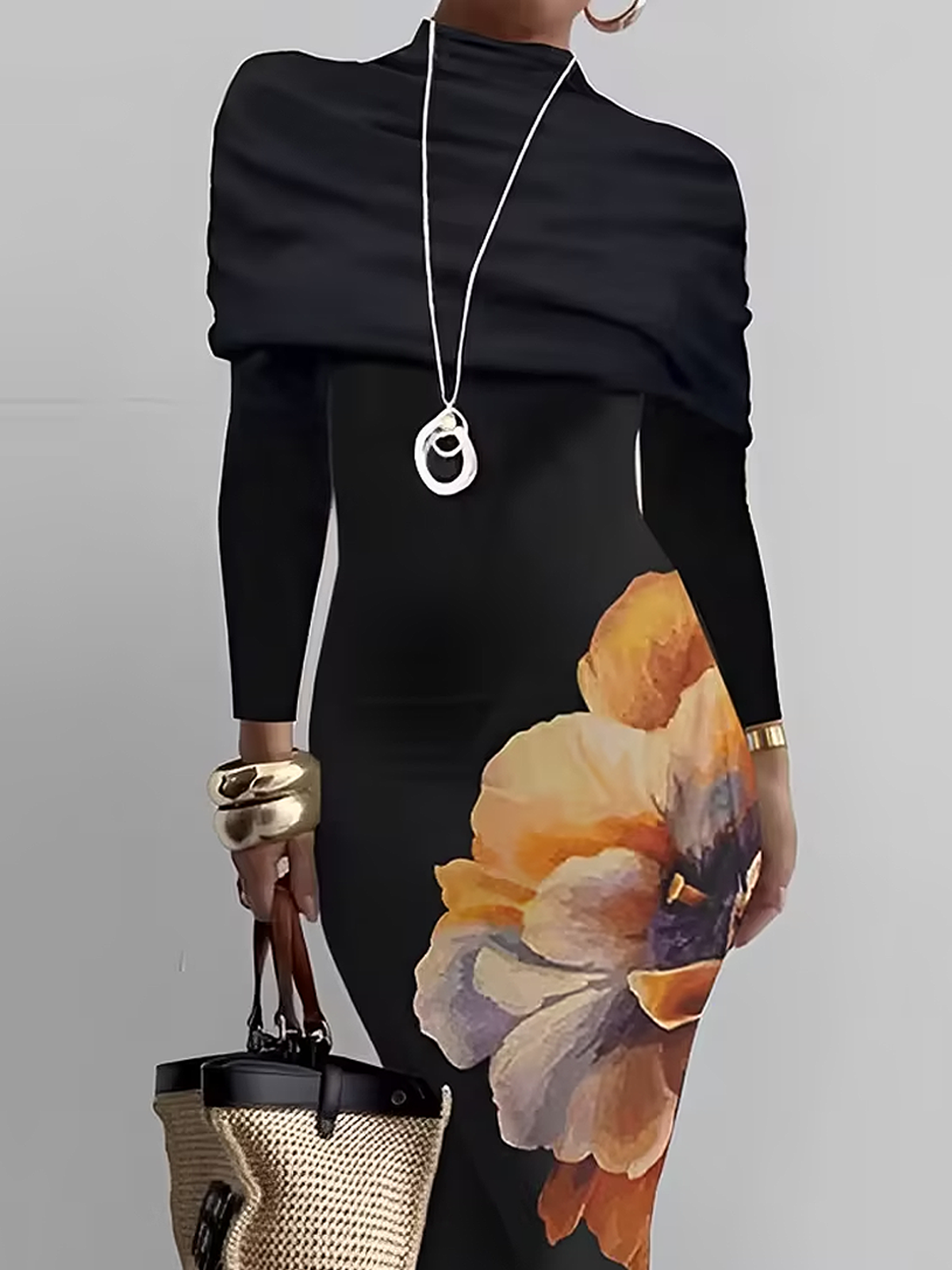 Robes Femmes Floral Printemps / Automne Élégant Polyester Serré Mi-longue Manches Longues Régulier Non