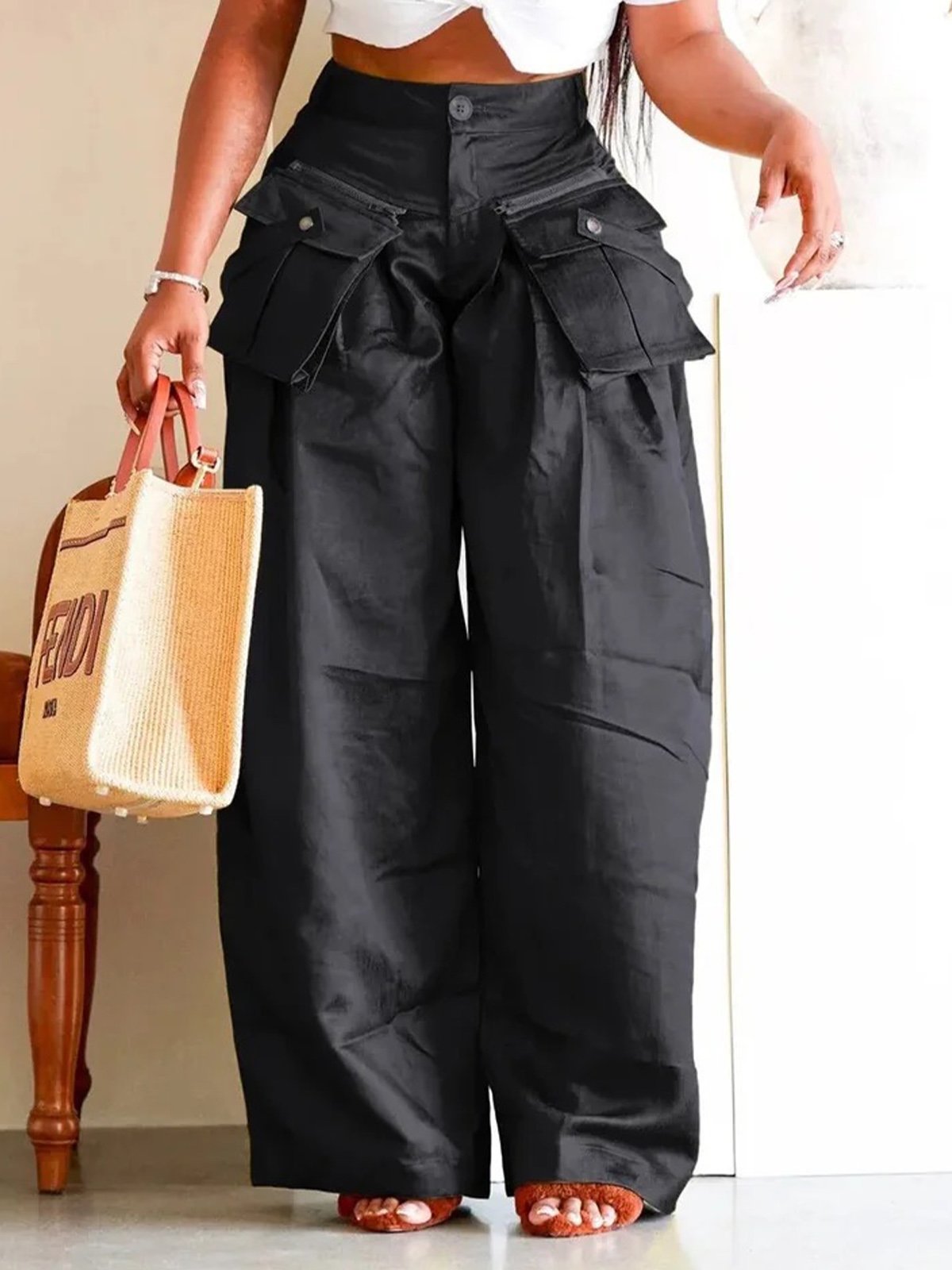 Cargo Pantalons Femmes Plain Printemps / Automne Urbain Polyester Aucune élasticité Ample Taille Moyenne Droit Régulier