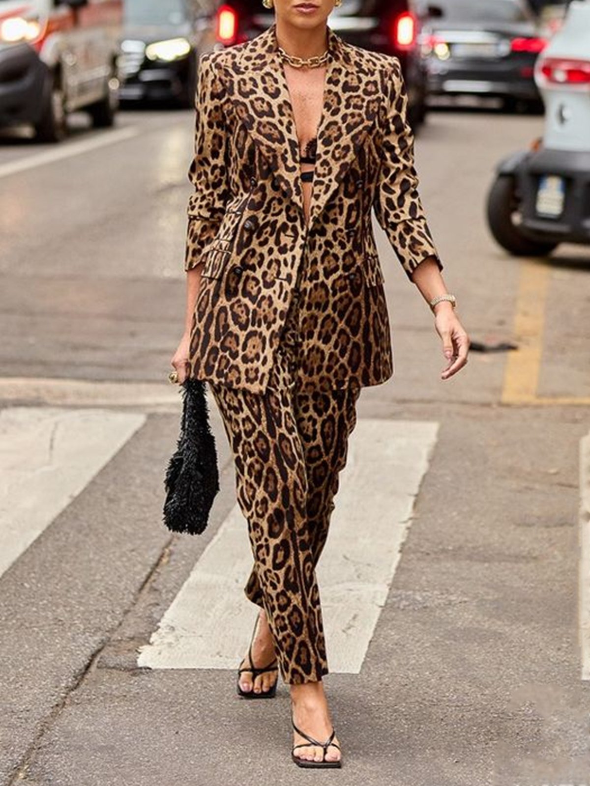 Blazers Femmes Printemps / Automne Motif Léopard Urbain Naturel Aucune élasticité Coupe Régulière Faire la navette Régulier Poche Couture