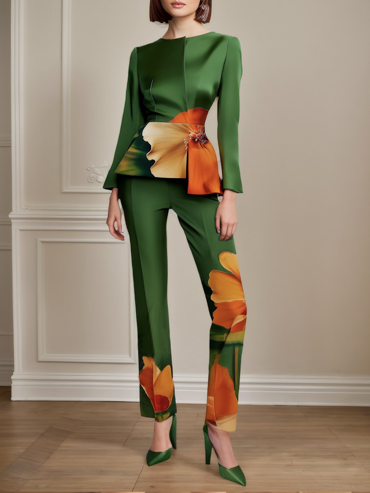 Mode Pantalons Floral Printemps / Automne Urbain Micro-élasticité Coupe Régulière Faire la navette Pantalon droit Régulier Poche Couture pour Femmes