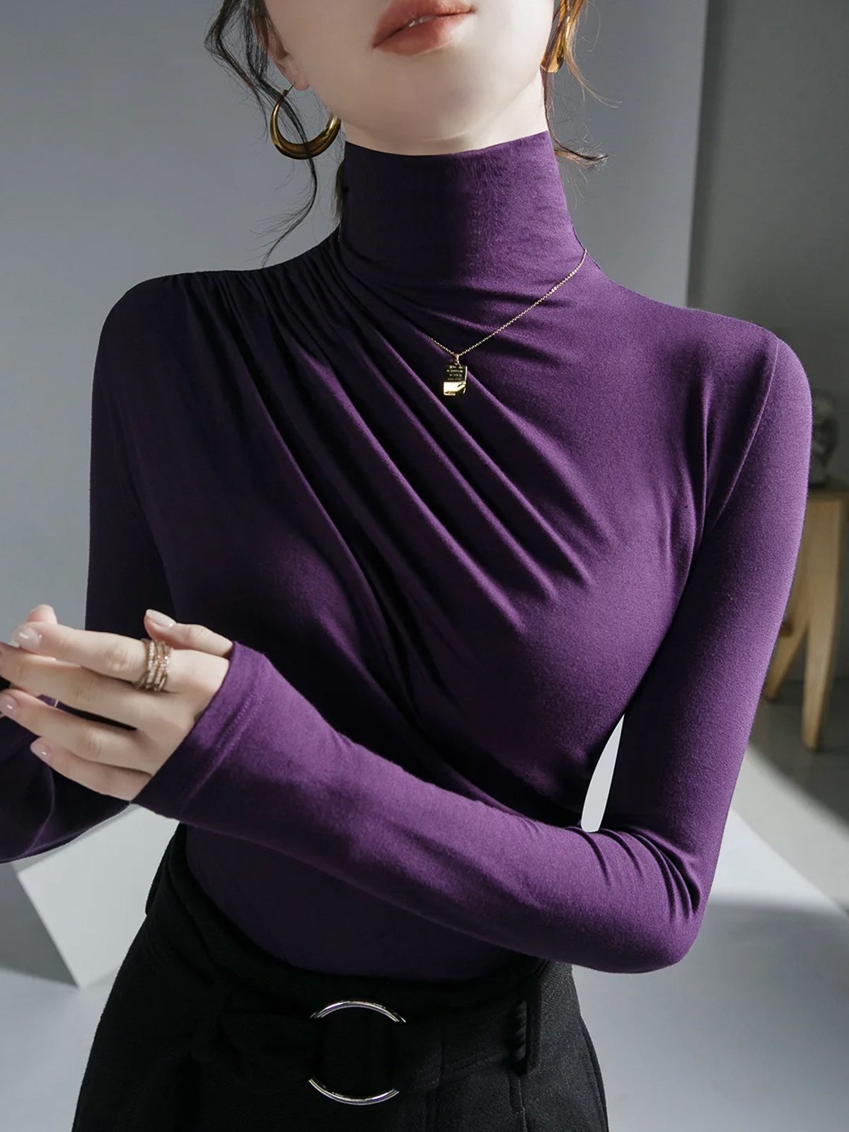 T-shirts Plain Printemps / Automne Urbain Polyester Léger Micro-élasticité Quotidien Serré Ligne T pour Femmes