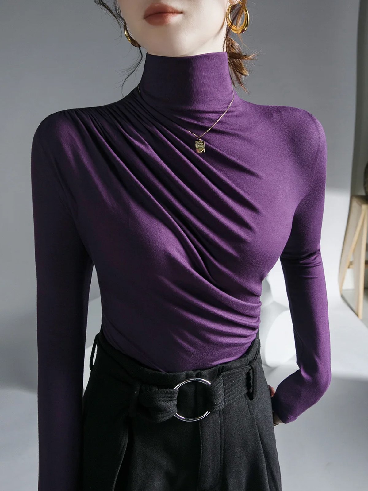 T-shirts Plain Printemps / Automne Urbain Polyester Léger Micro-élasticité Quotidien Serré Ligne T pour Femmes