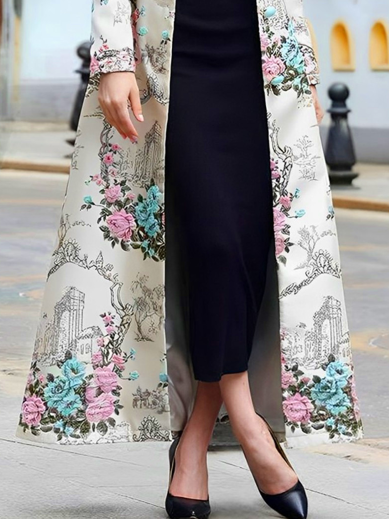 Manteaux Floral Hiver Urbain Polyester Coupe Régulière Col Châle Long Régulier Manches régulières pour Femmes
