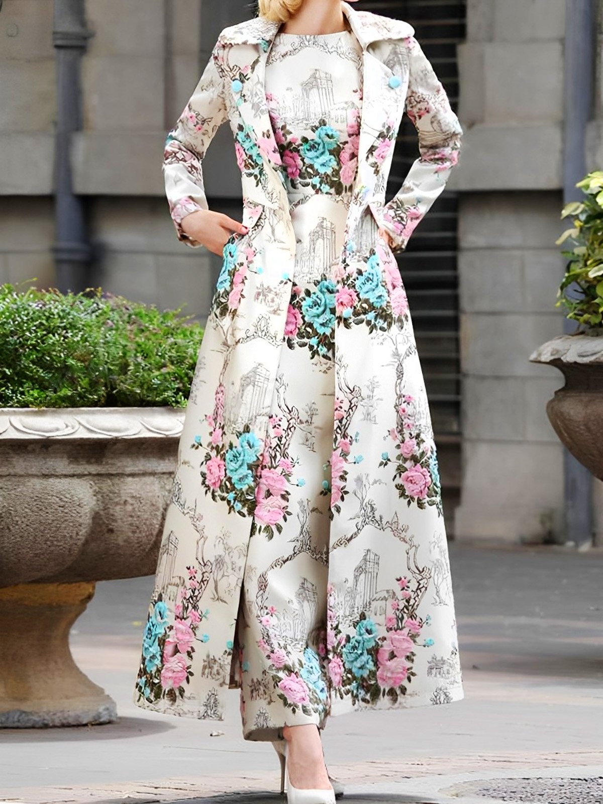 Manteaux Floral Hiver Urbain Polyester Coupe Régulière Col Châle Long Régulier Manches régulières pour Femmes