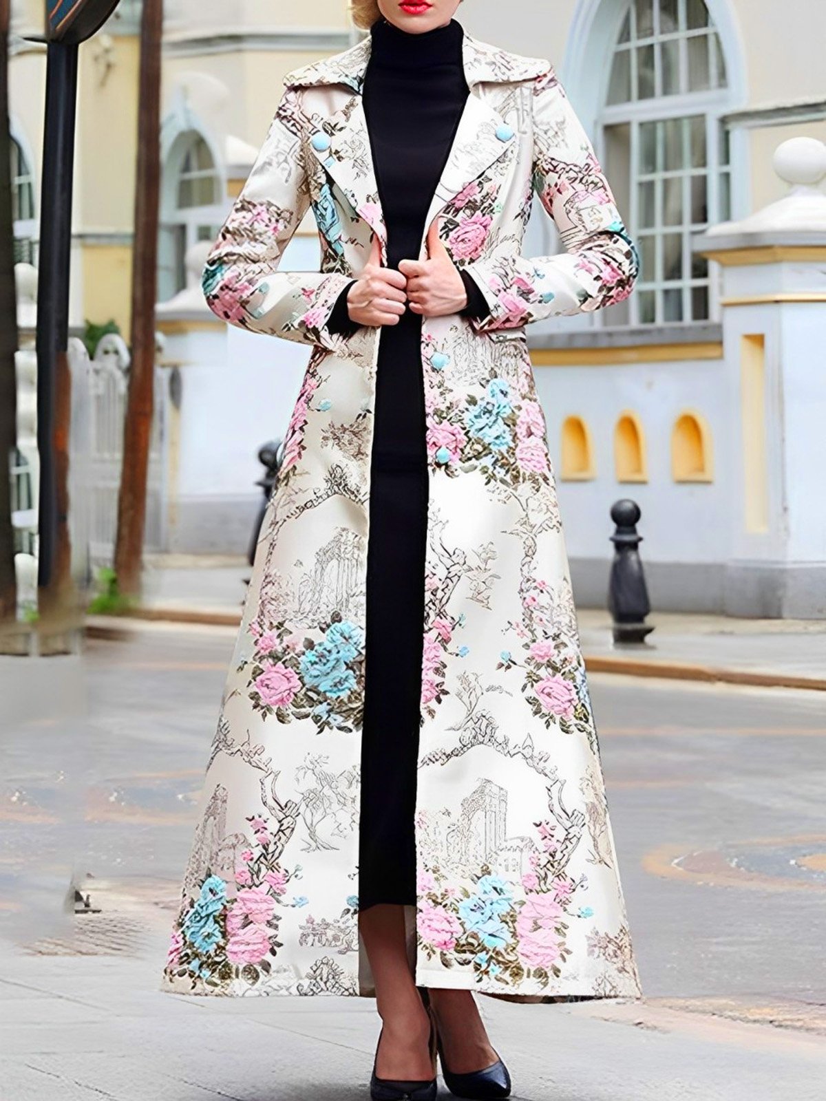 Manteaux Floral Hiver Urbain Polyester Coupe Régulière Col Châle Long Régulier Manches régulières pour Femmes