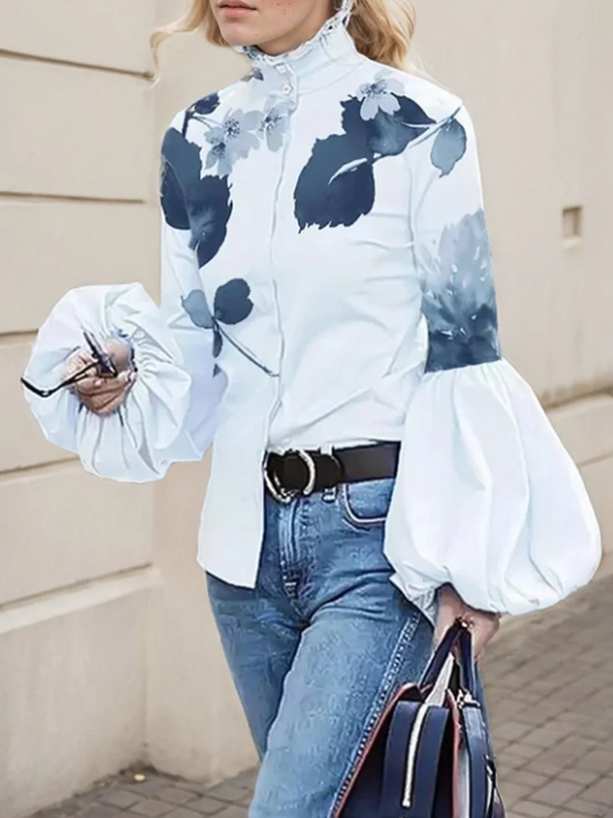 Blouses Floral Printemps / Automne Urbain Col Montant Aucune élasticité Manches Longues Régulier Droit Régulier pour Femmes