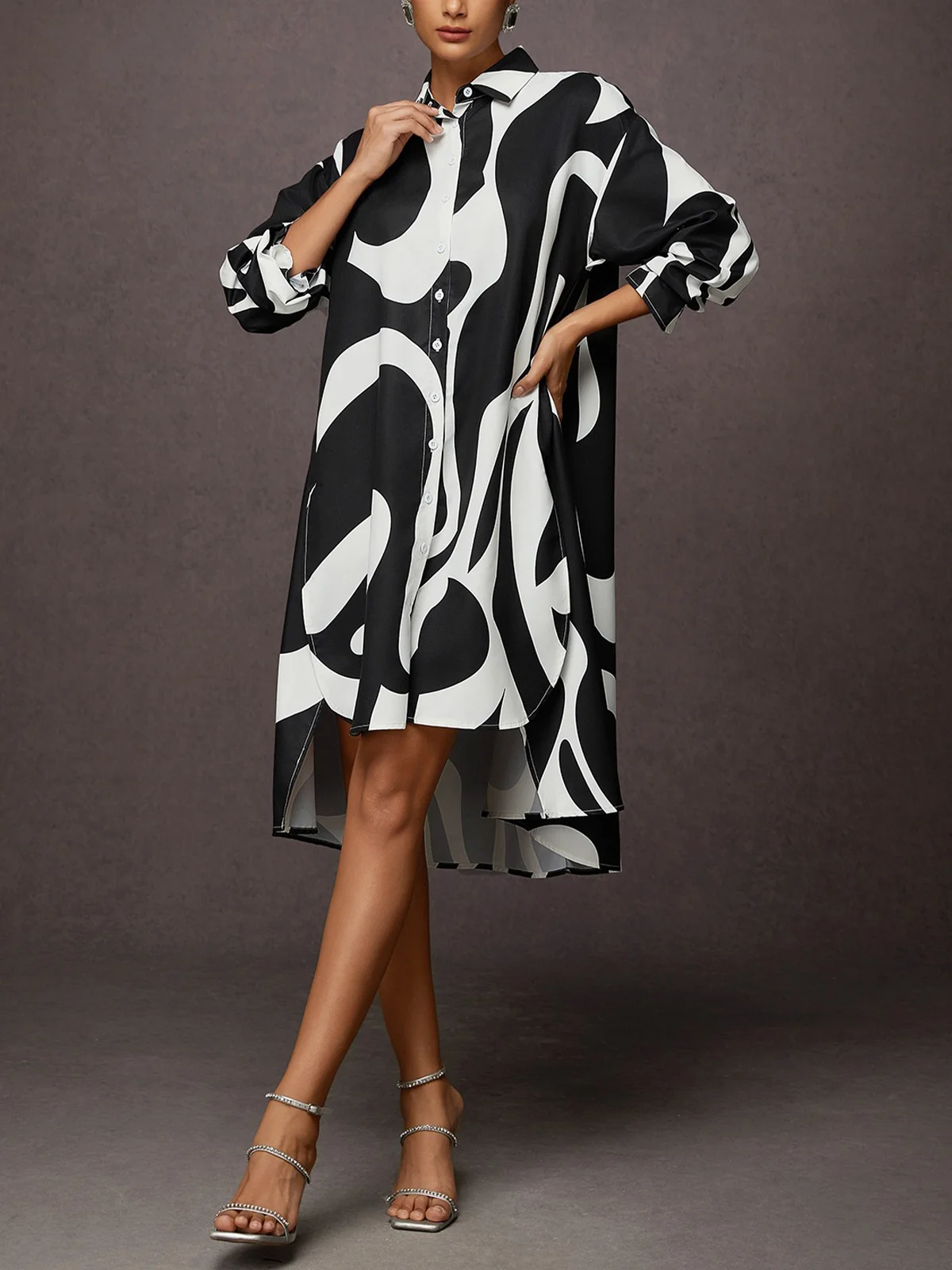 Robes Automne Chevron Vacances Naturel Quotidien Midi Bouton Manches longues Régulier pour Femme