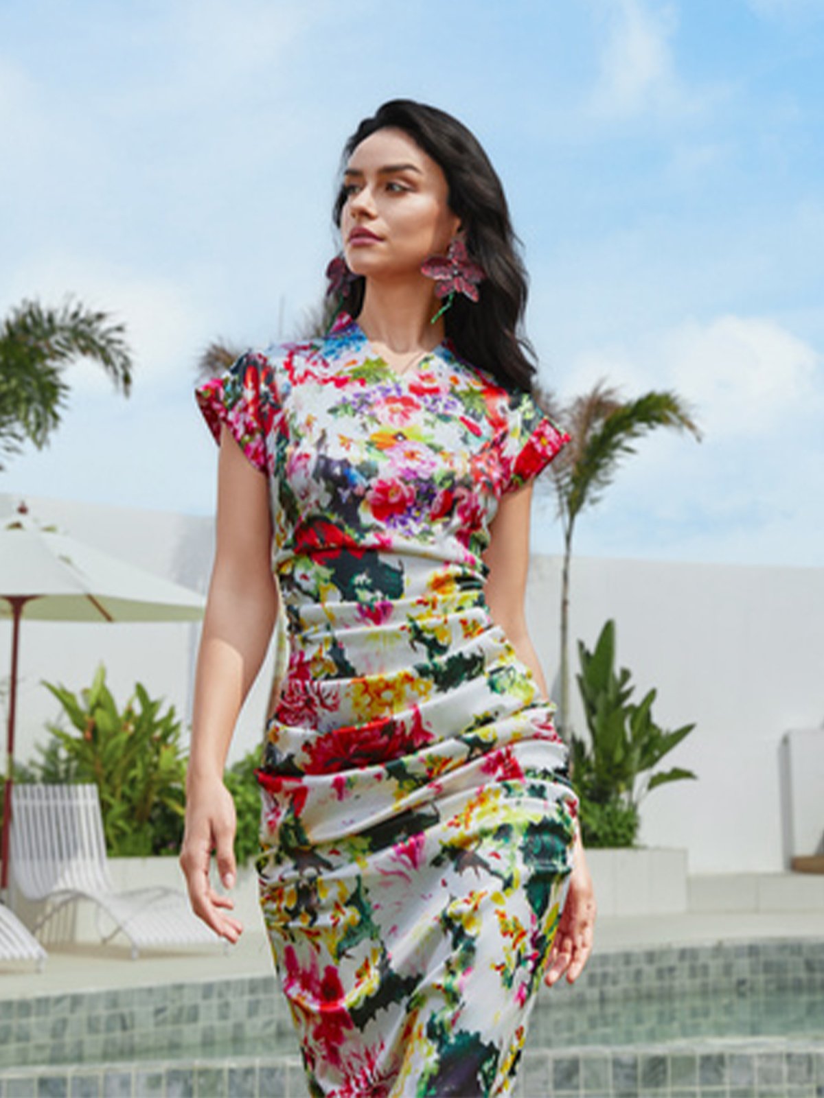 Robes Floral Été Élégant Polyester Col V Serré Mancheron Régulier Non pour Femmes