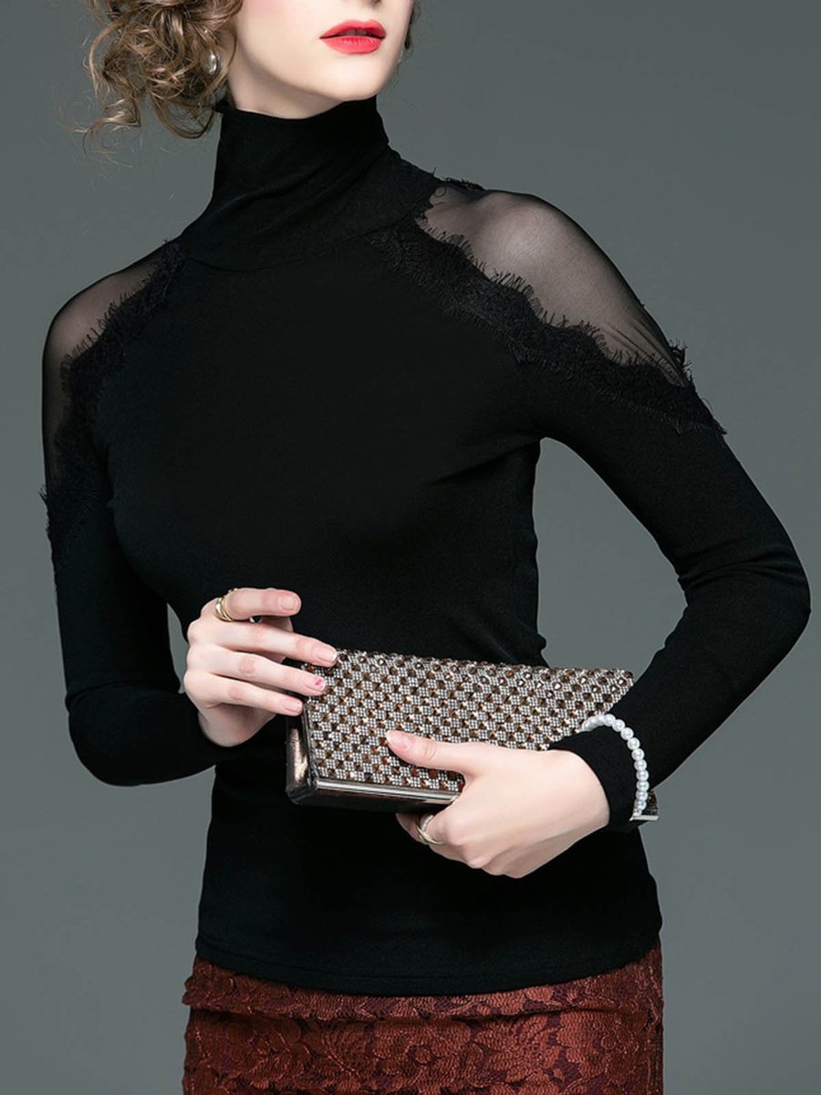 Stylewe Long Sleeve Black Women Tops Polyester Casual Turtleneck ...