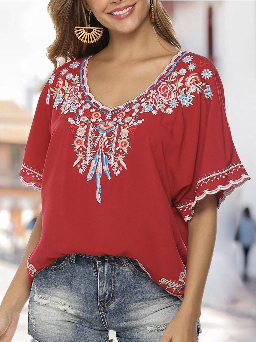 Stylewe Floral Black Red White Women Tops Polyester Holiday V Neck ...