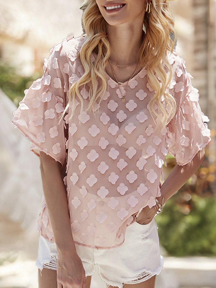 Stylewe Short Sleeve Pink Women Tops Polyester V Neck Holiday Holiday