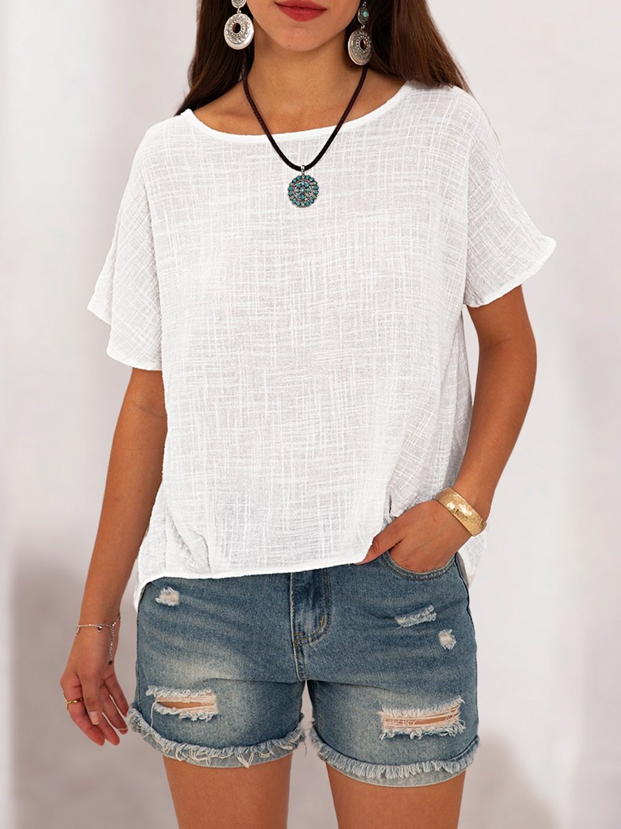 Stylewe Short Sleeve 1 White Women Tops Linen Casual Crew Neck Daily Tops