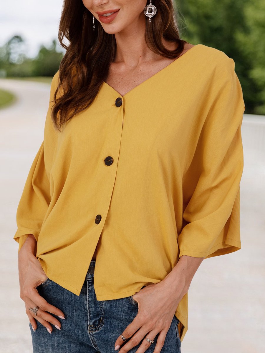 Stylewe Yellow Women Tops Casual V Neck Polyester Casual Tops
