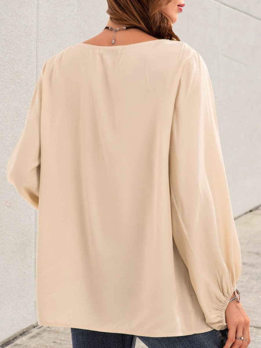 Stylewe Long Sleeve Apricot Women Tops V Neck Cotton Casual Daily Tops