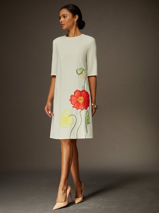 Robes Floral Été Élégant Naturel Aucune élasticité Demi Manche Col Rond Trapèze Non pour Femmes