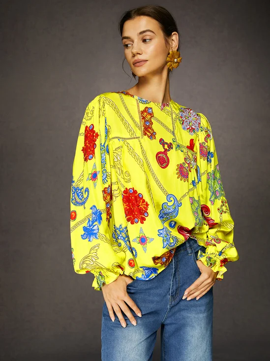 Chemisiers1 Femmes Printemps / Automne Élégant Aléatoire Imprimé Aucune élasticité Manches Longues Col Rond Tencel Fibre Régulier Régulier