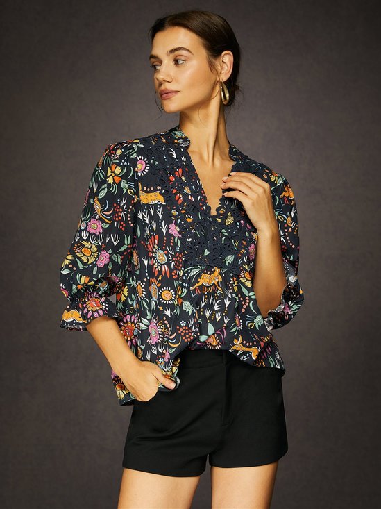 Chemisiers1 Femmes Décontracté Floral Printemps / Automne Coton Col Montant Micro-élasticité Quotidien Manches trois quarts Régulier
