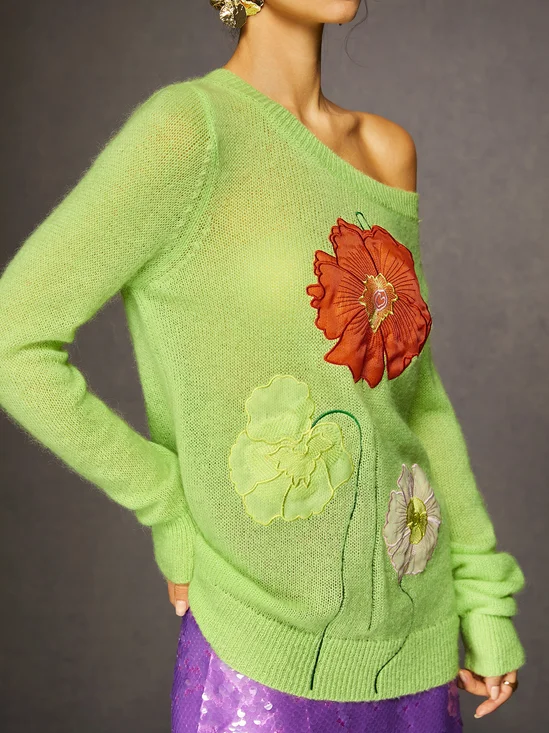 Pulls Femmes Floral Printemps / Automne Élégant Acrylique Quotidien Ample Col Rond Régulier Droit