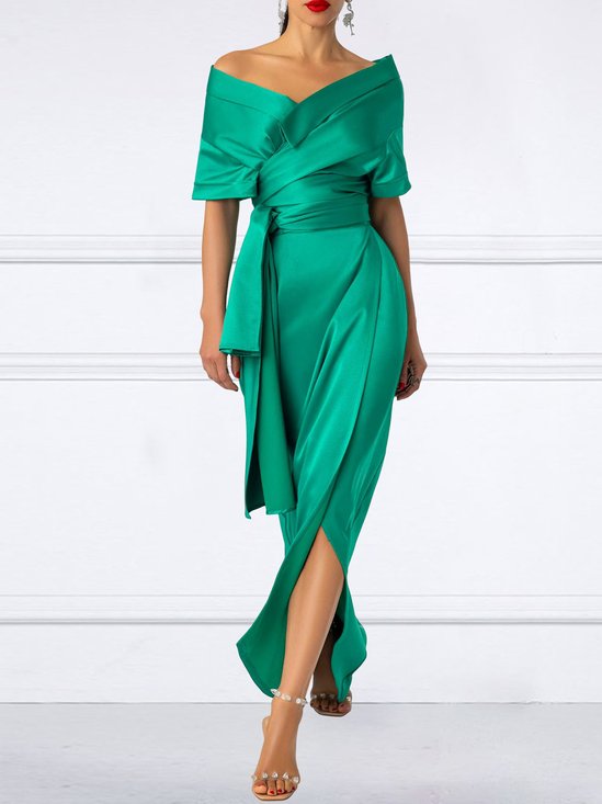 Mariage Robe & Fête Robe Femmes Plain Printemps Élégant Col V Taille Haute Micro-Élasticité Coupe Régulière x-ligne Régulier