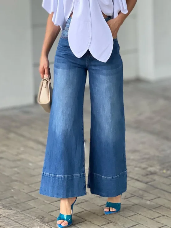 Jeans Plain Toutes Les Saisons Urbain Aucune élasticité Quotidien Coupe Régulière Pantalons à Jambe Large Long Droit pour Femmes