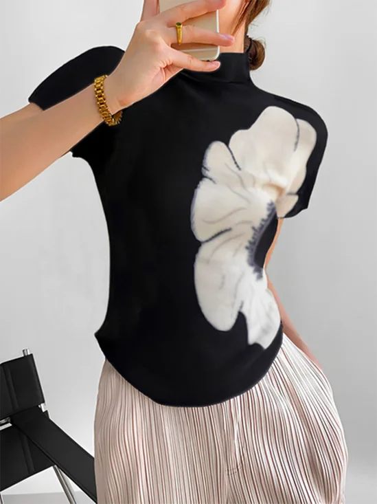 T-shirts Floral Été Élégant Léger Quotidien Manches Courtes Régulier Ligne T Élasticité moyenne pour Femmes