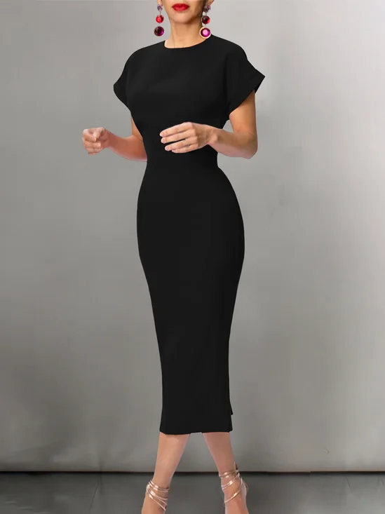 Robes Plain Été Urbain Polyester Micro-élasticité Serré Mi-longue Manches Courtes Régulier pour Femmes
