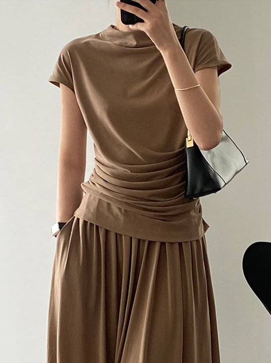 T-shirts Plain Été Urbain Polyester Froncé Coupe Régulière Manches Courtes Régulier Régulier pour Femmes