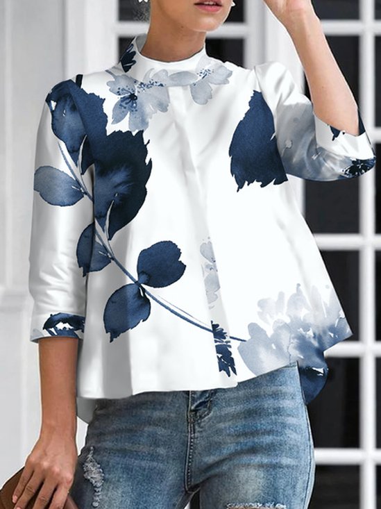 Blouses Femmes Floral Printemps / Automne Urbain Aucune élasticité Quotidien Manches Longues Régulier Droit Demi col roulé